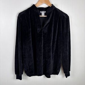 Vintage 1980s Velour Black Pullover V-neck Top Size 40 Large by The Bon